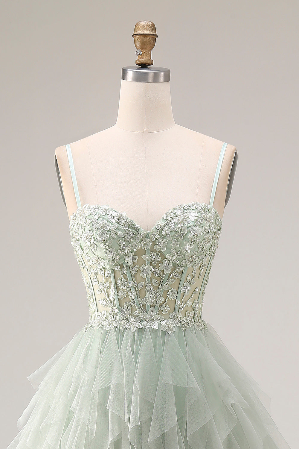 Dusty Green Corset Spaghetti Straps Tulle A Line Long Prom Dress with Appliques