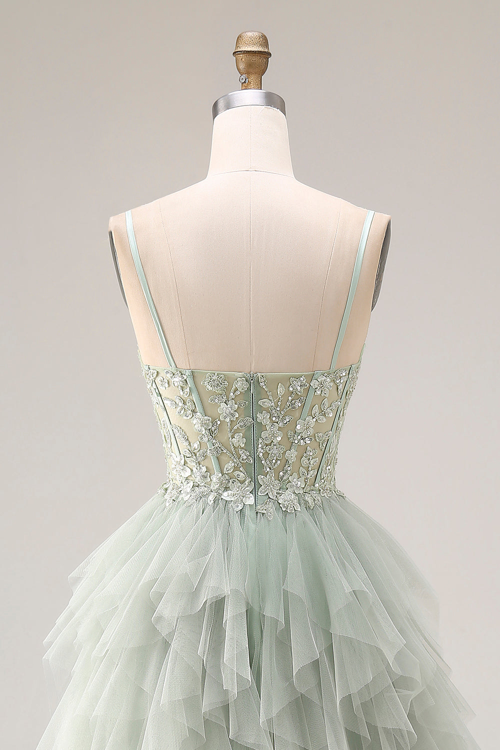 Dusty Green Corset Spaghetti Straps Tulle A Line Long Prom Dress with Appliques