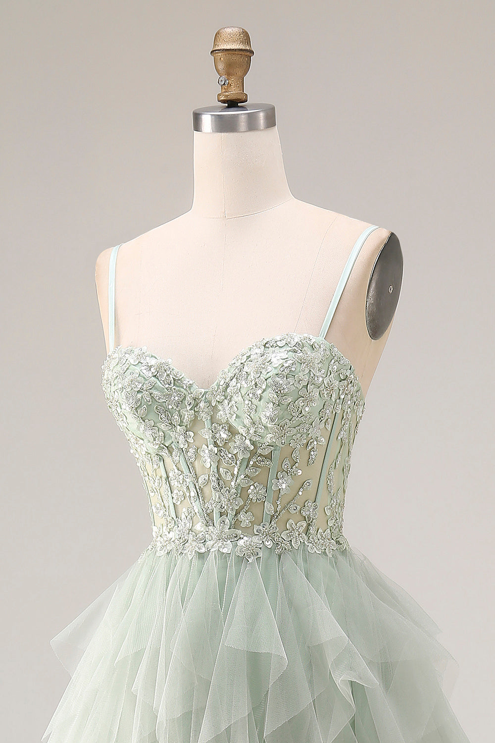 Dusty Green Corset Spaghetti Straps Tulle A Line Long Prom Dress with Appliques