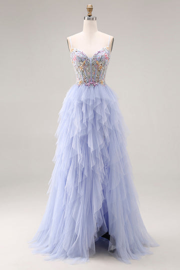 Sparkly Light Plum Corset Tulle Spaghetti Straps Appliqued Long Prom Dress with Slit