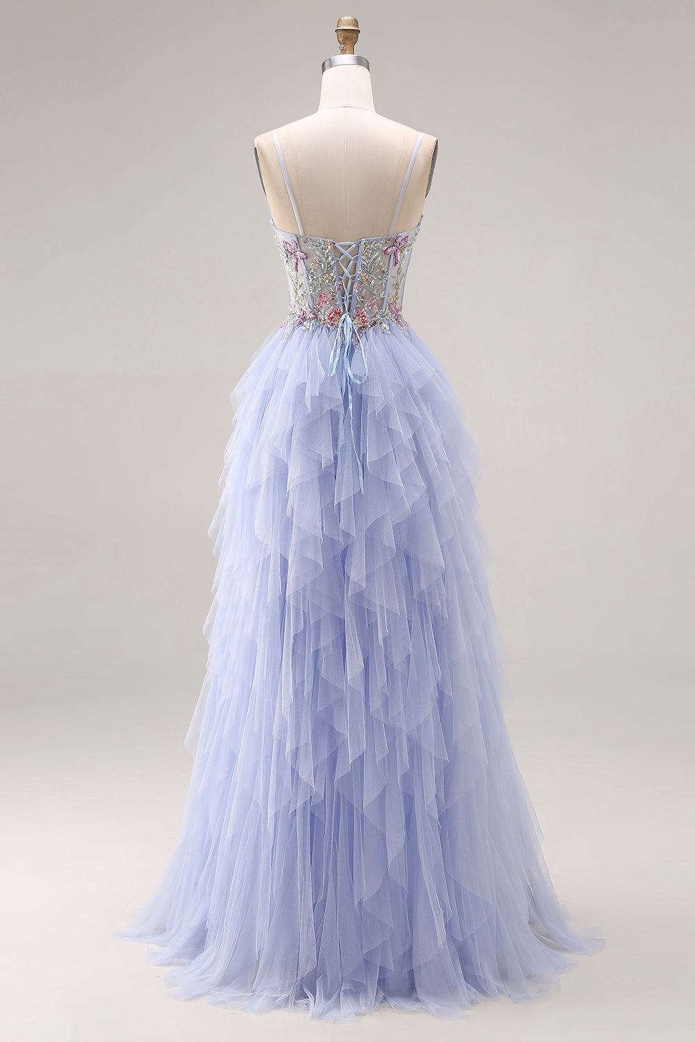 Sparkly Light Plum Corset Tulle Spaghetti Straps Appliqued Long Prom Dress with Slit