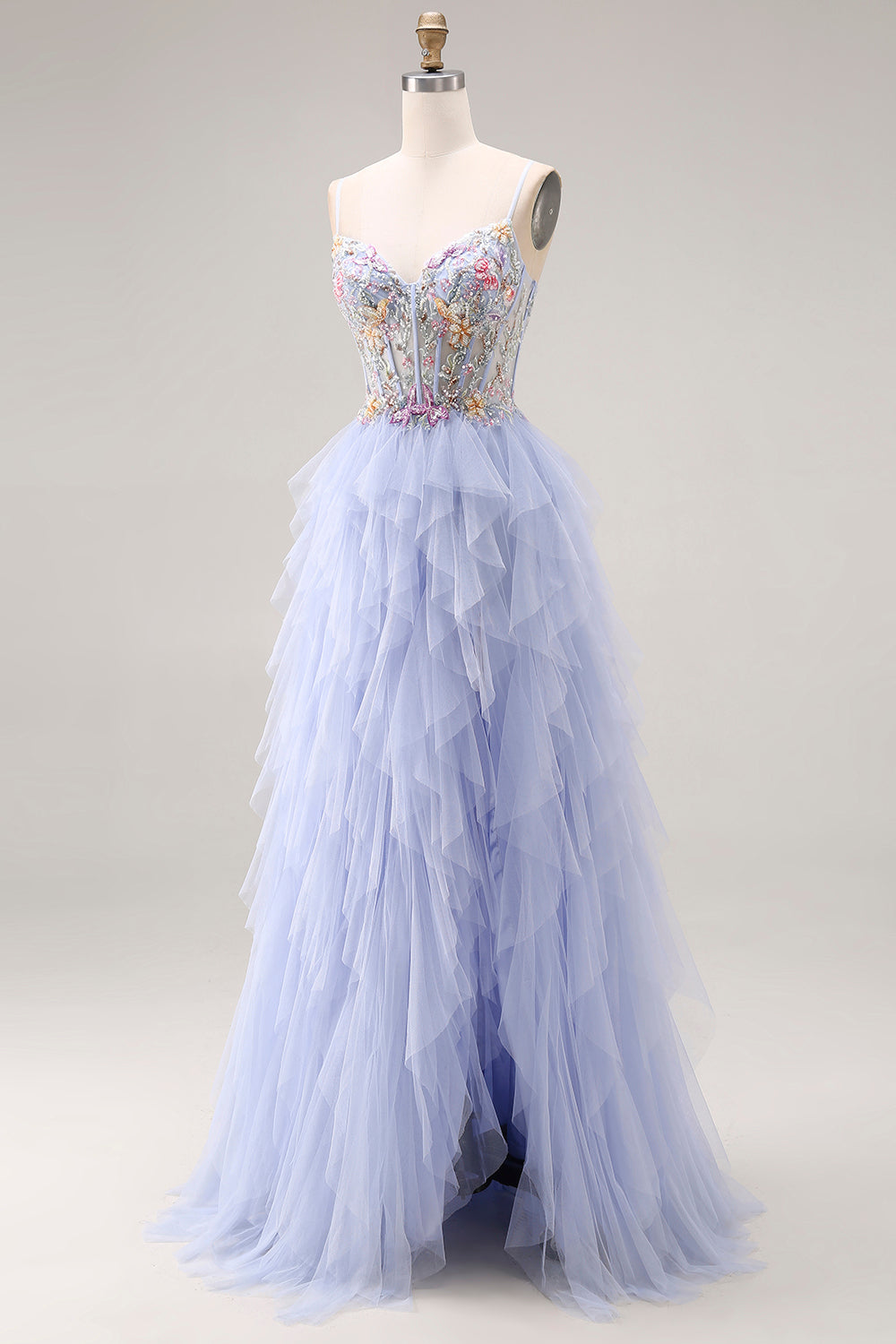 Sparkly Light Plum Corset Tulle Spaghetti Straps Appliqued Long Prom Dress with Slit