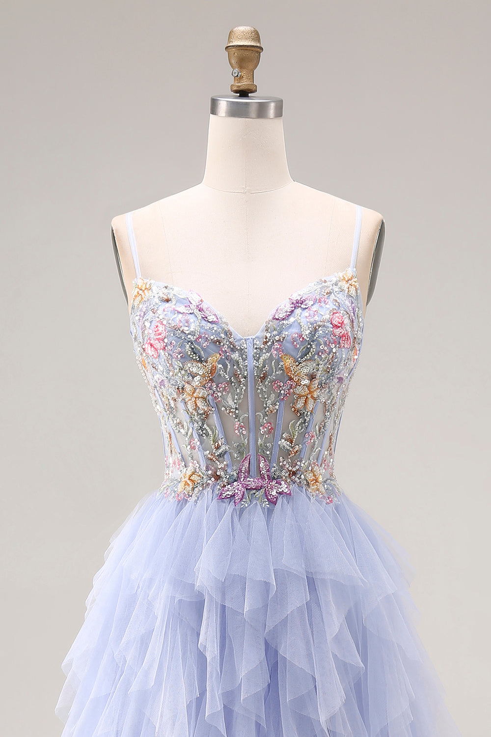 Sparkly Light Plum Corset Tulle Spaghetti Straps Appliqued Long Prom Dress with Slit