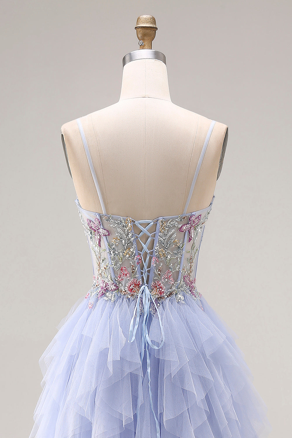 Sparkly Light Plum Corset Tulle Spaghetti Straps Appliqued Long Prom Dress with Slit