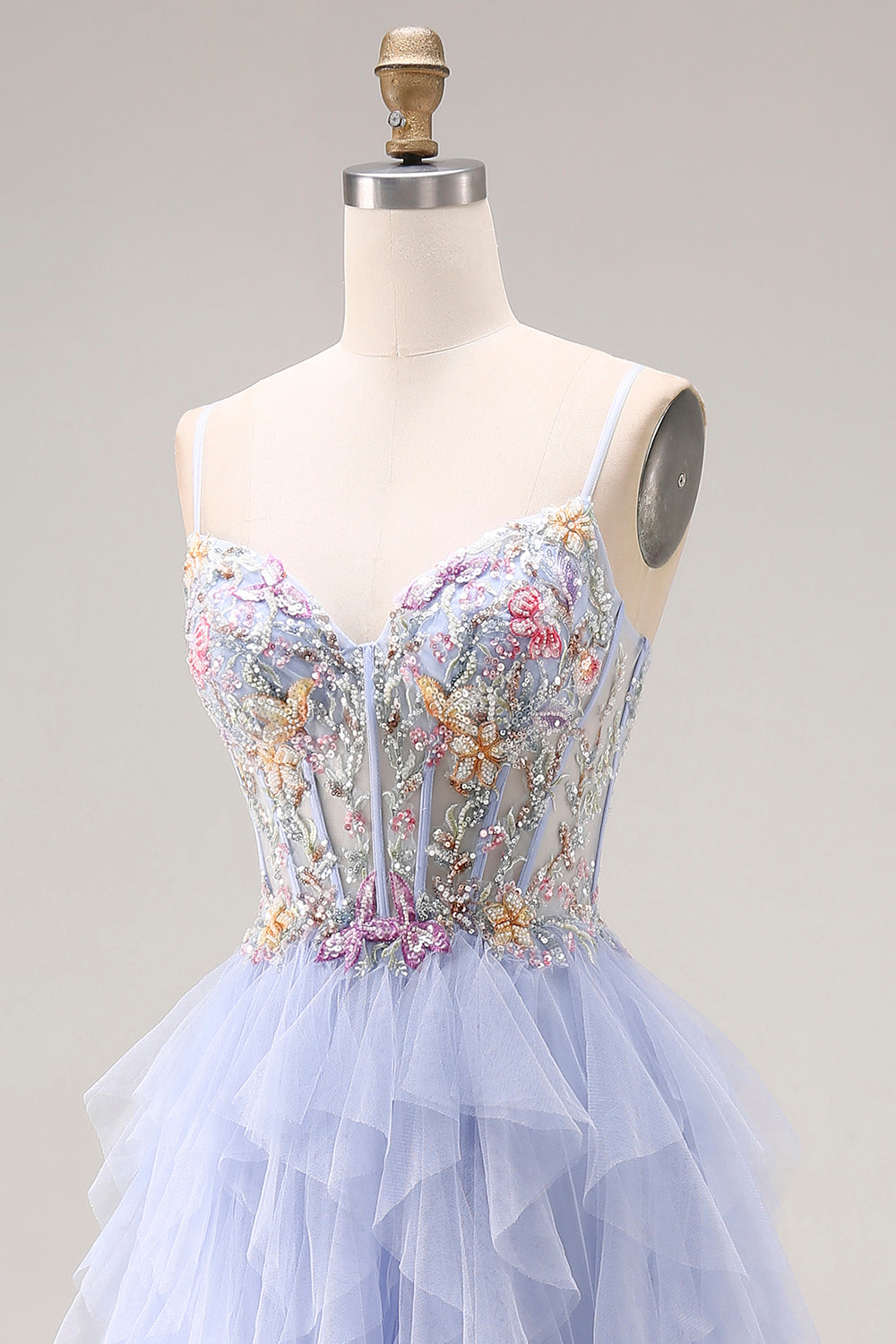 Sparkly Light Plum Corset Tulle Spaghetti Straps Appliqued Long Prom Dress with Slit