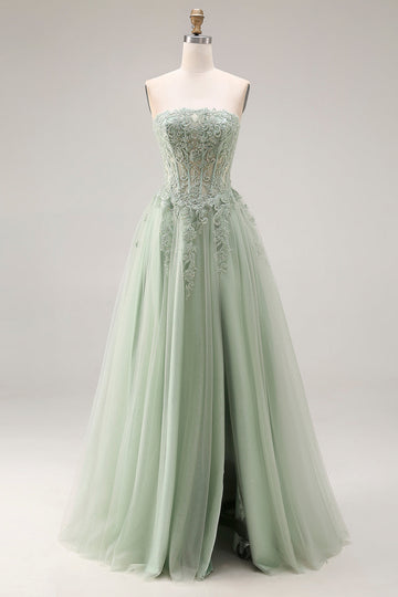 Dusty Green A Line Corset Strapless Tulle Appliqued Long Prom Dress with Slit
