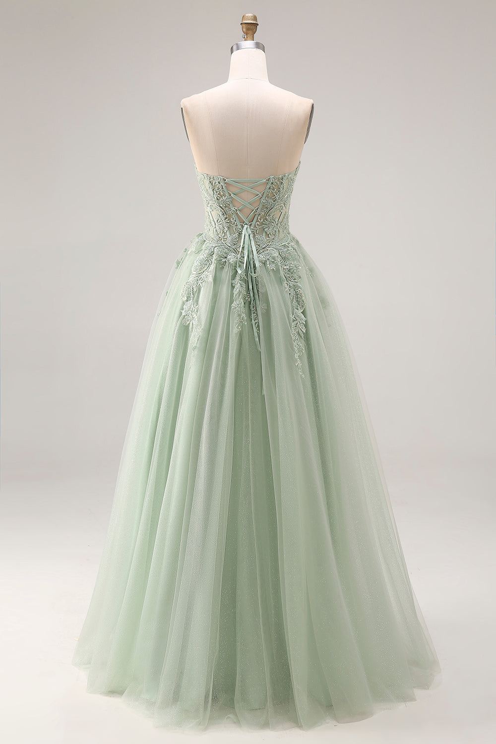 Dusty Green A Line Corset Strapless Tulle Appliqued Long Prom Dress with Slit