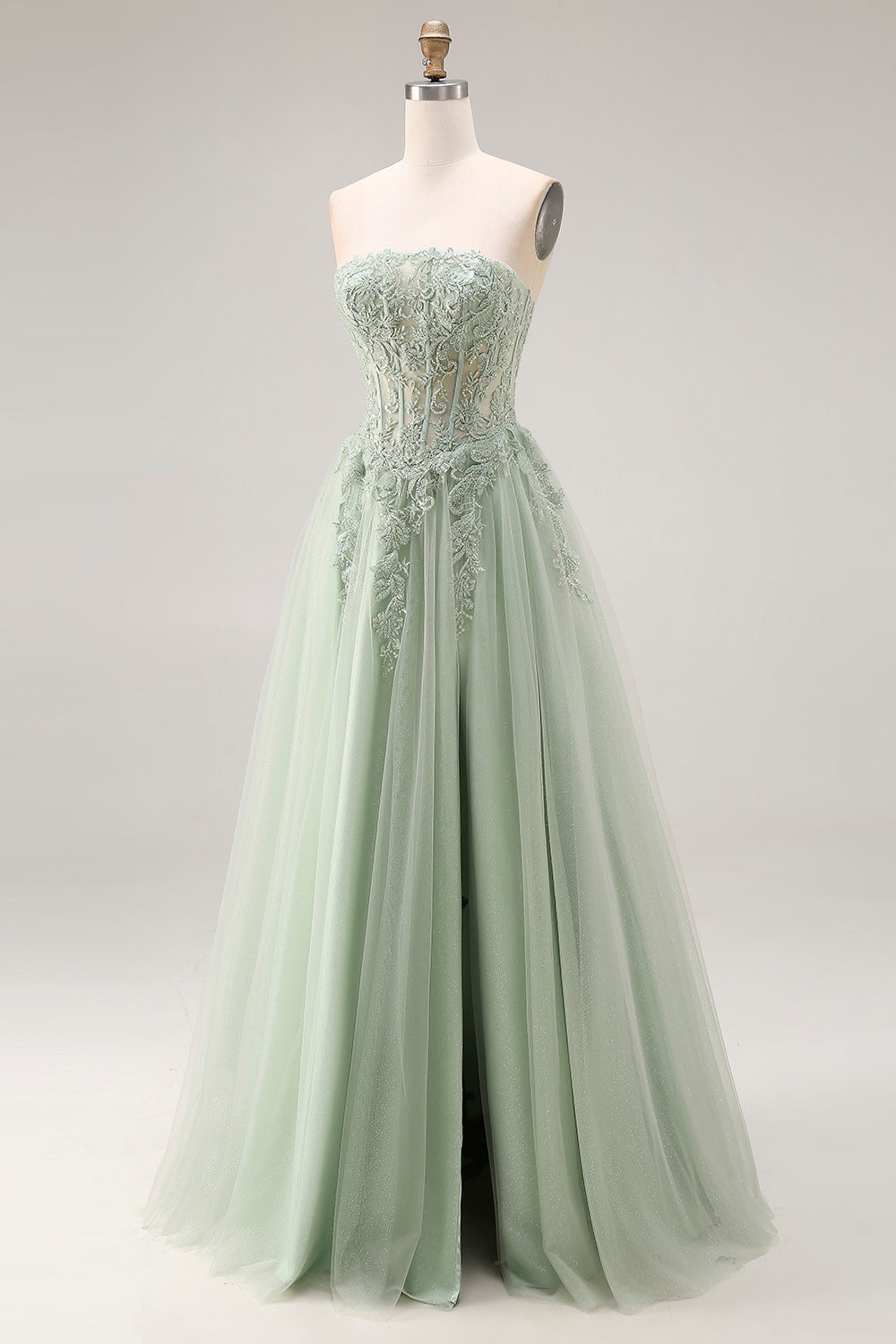 Dusty Green A Line Corset Strapless Tulle Appliqued Long Prom Dress with Slit