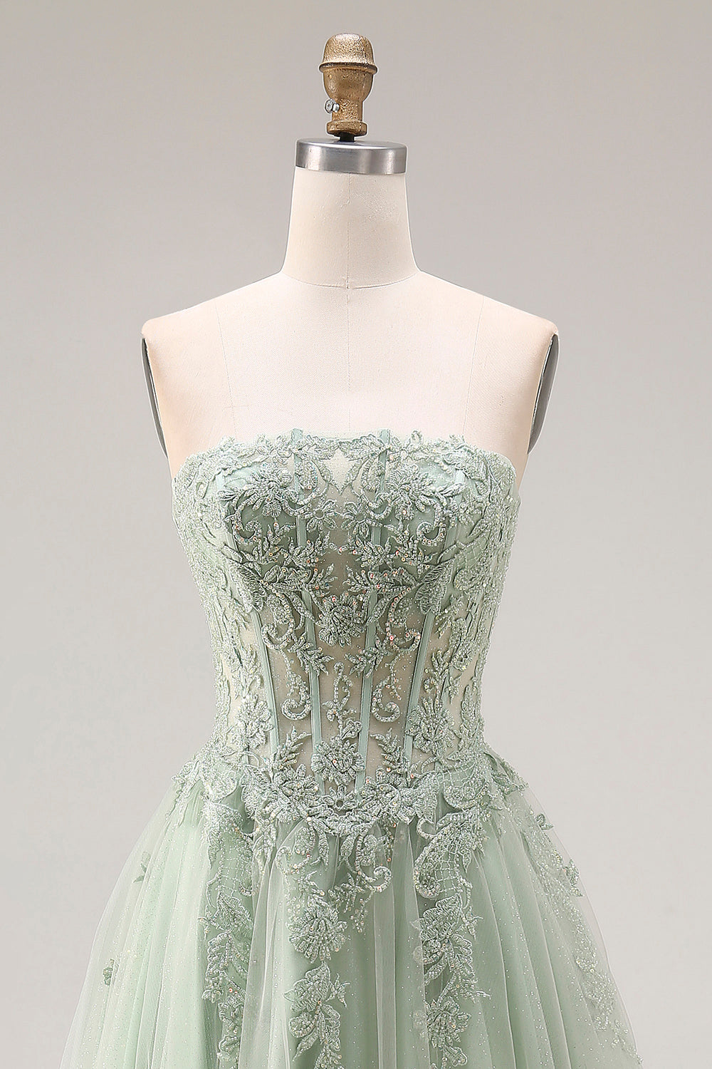 Dusty Green A Line Corset Strapless Tulle Appliqued Long Prom Dress with Slit