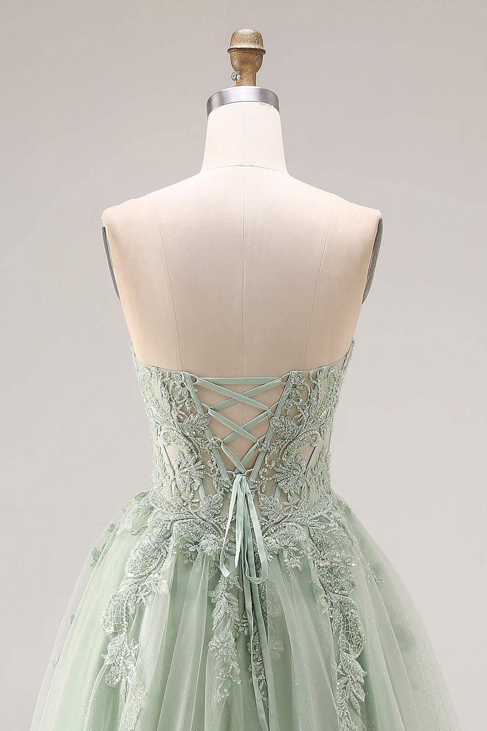 Dusty Green A Line Corset Strapless Tulle Appliqued Long Prom Dress with Slit