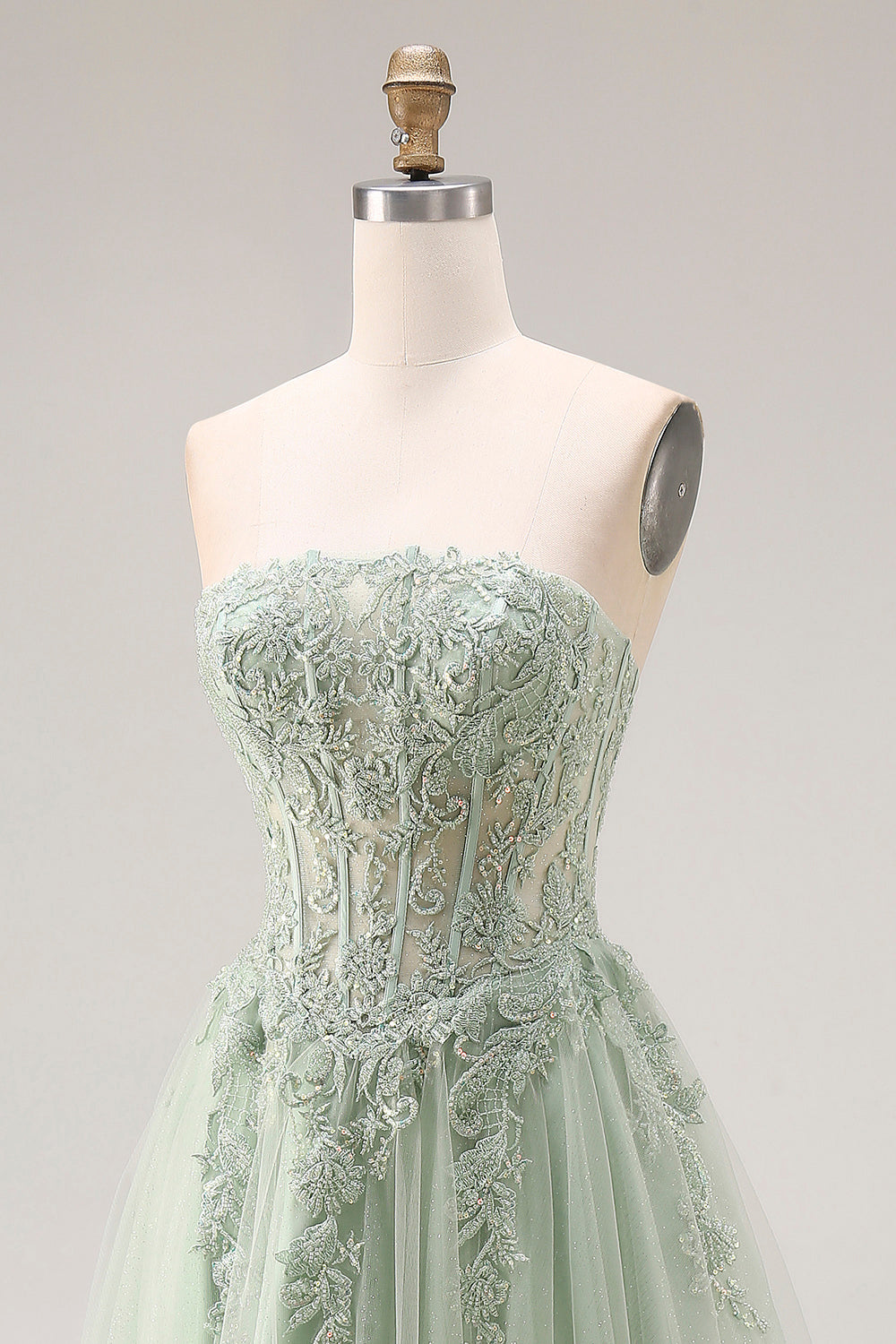 Dusty Green A Line Corset Strapless Tulle Appliqued Long Prom Dress with Slit
