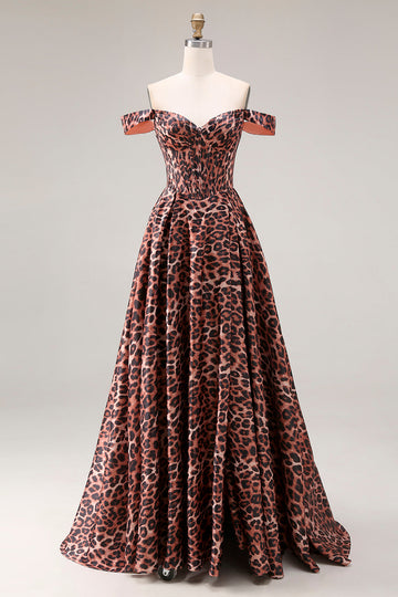 Coffee Leopard Off the Shoulder Corset A Line Long Prom Dress