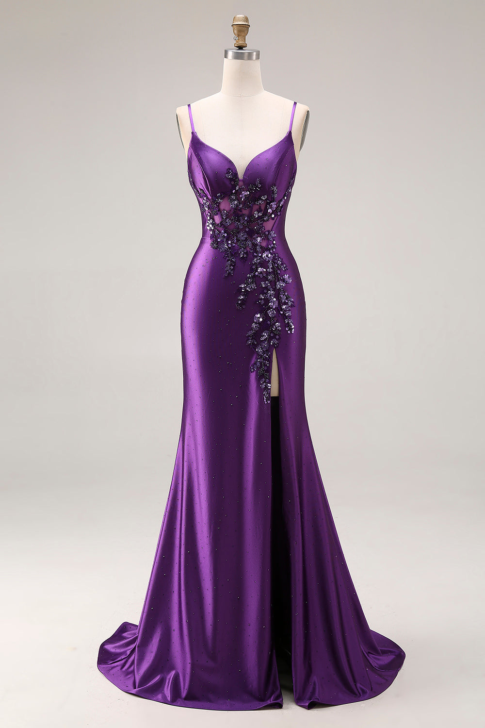 Sparkly Purple Corset Spaghetti Straps Mermaid Beaded Long Prom Dress with Slit