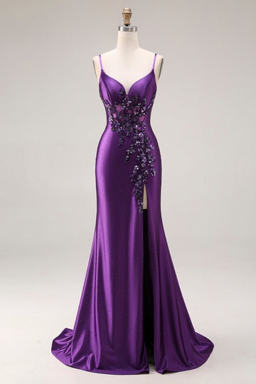 Sparkly Purple Corset Spaghetti Straps Mermaid Beaded Long Prom Dress with Slit