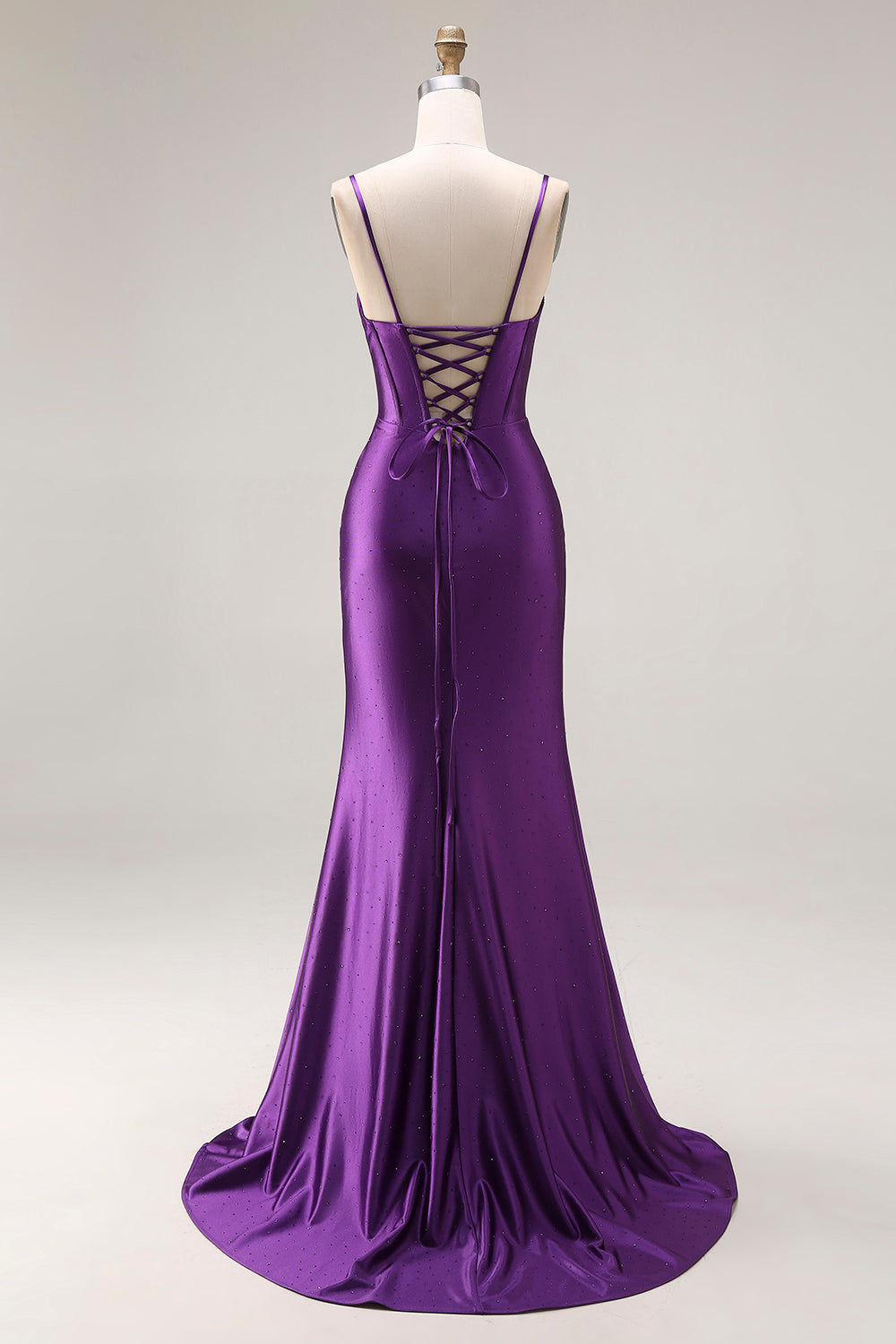 Sparkly Purple Corset Spaghetti Straps Mermaid Beaded Long Prom Dress with Slit