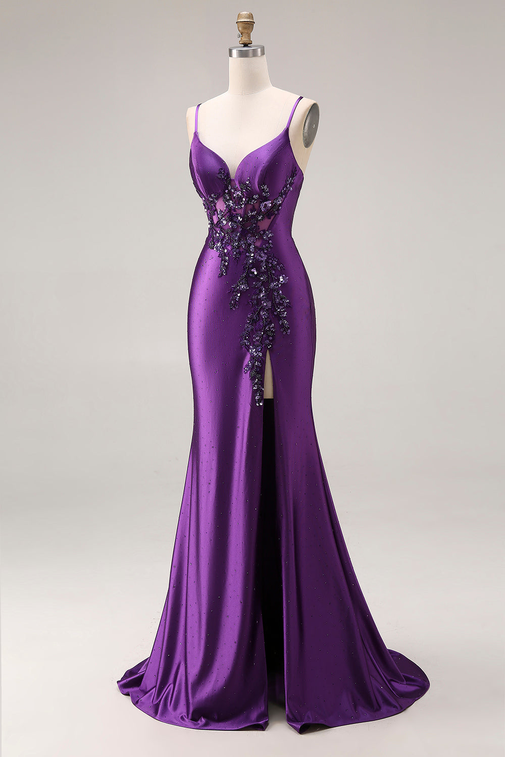 Sparkly Purple Corset Spaghetti Straps Mermaid Beaded Long Prom Dress with Slit