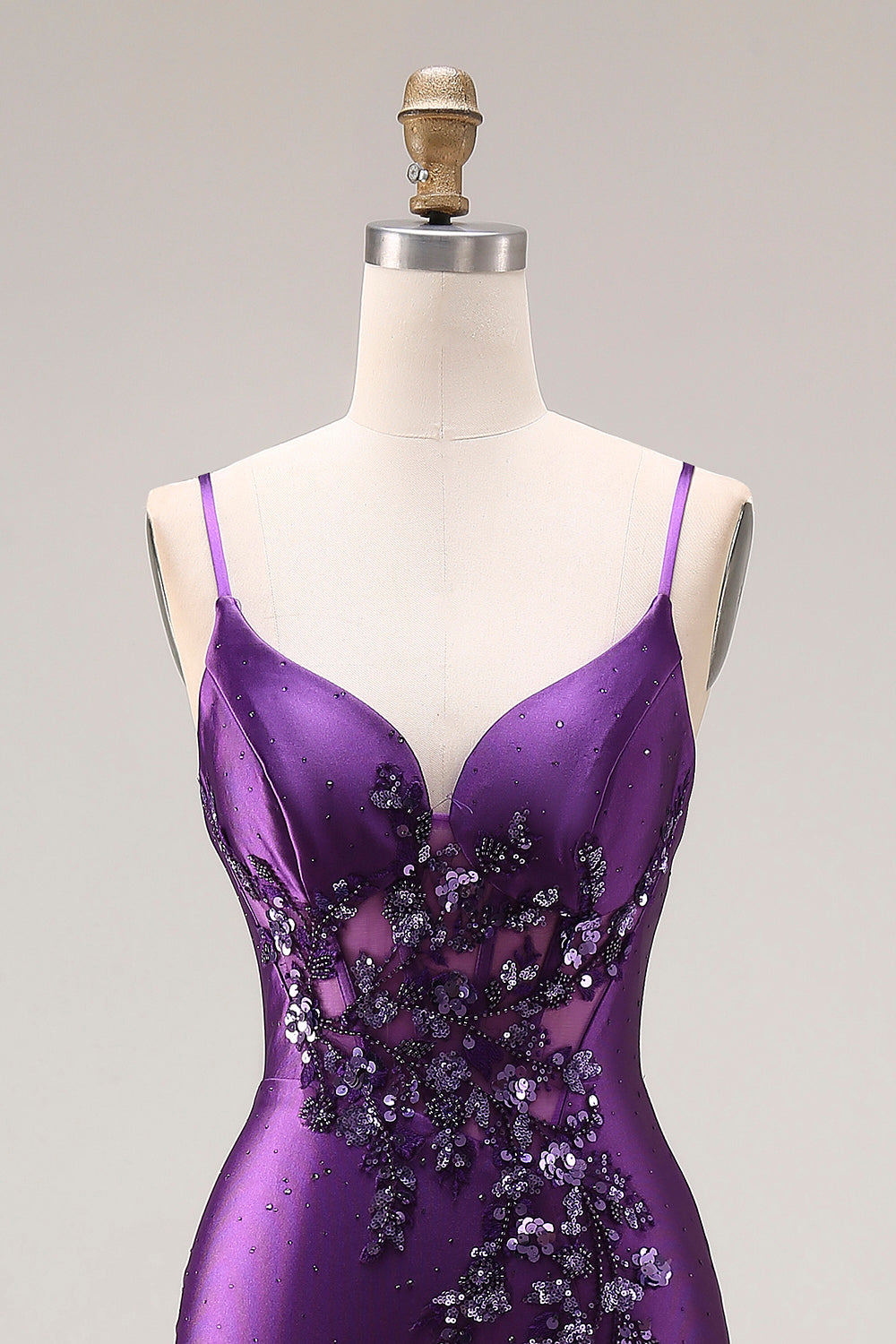 Sparkly Purple Corset Spaghetti Straps Mermaid Beaded Long Prom Dress with Slit