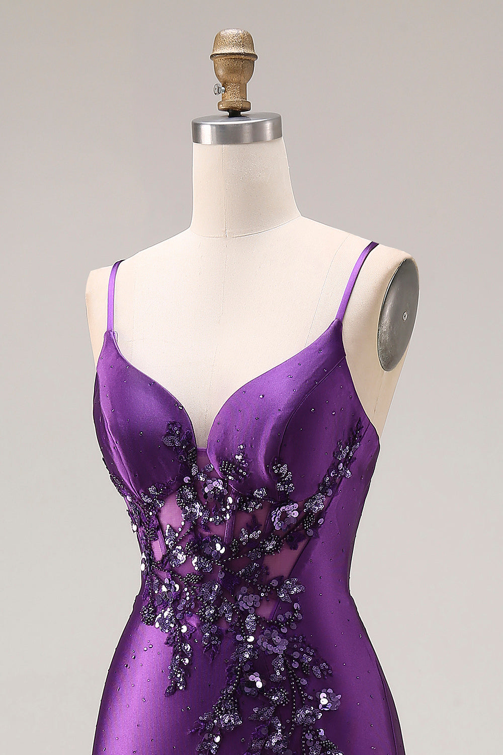 Sparkly Purple Corset Spaghetti Straps Mermaid Beaded Long Prom Dress with Slit