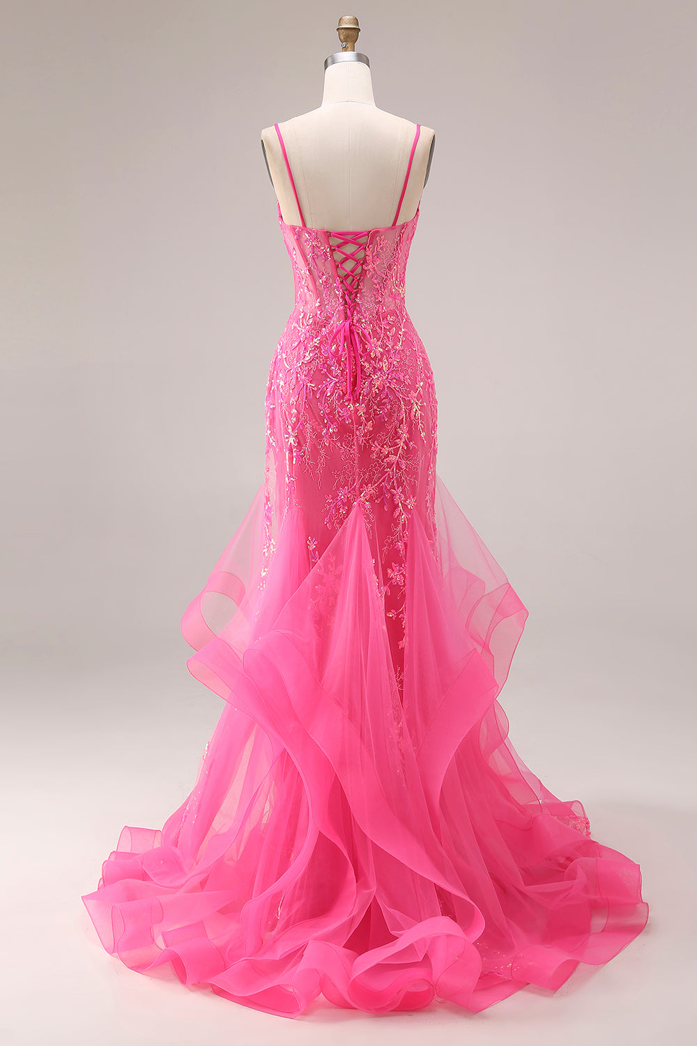 Sparkly Fuchsia Corset Lace Mermaid Spaghetti Straps Long Prom Dress with Ruffles