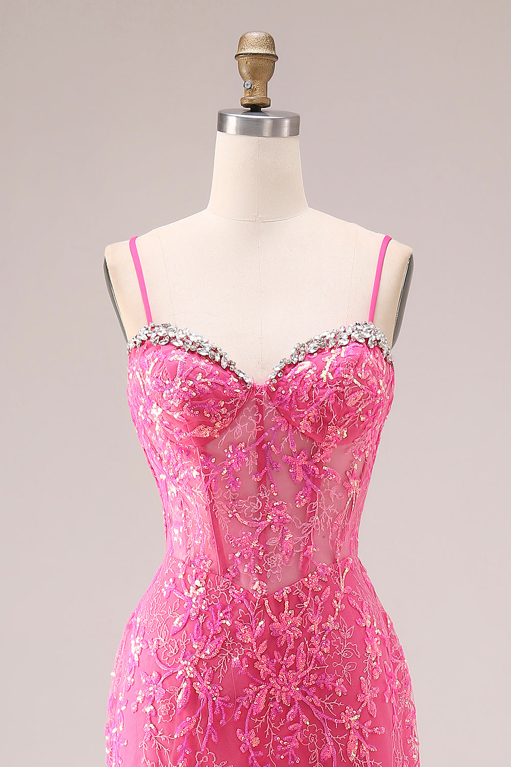 Sparkly Fuchsia Corset Lace Mermaid Spaghetti Straps Long Prom Dress with Ruffles