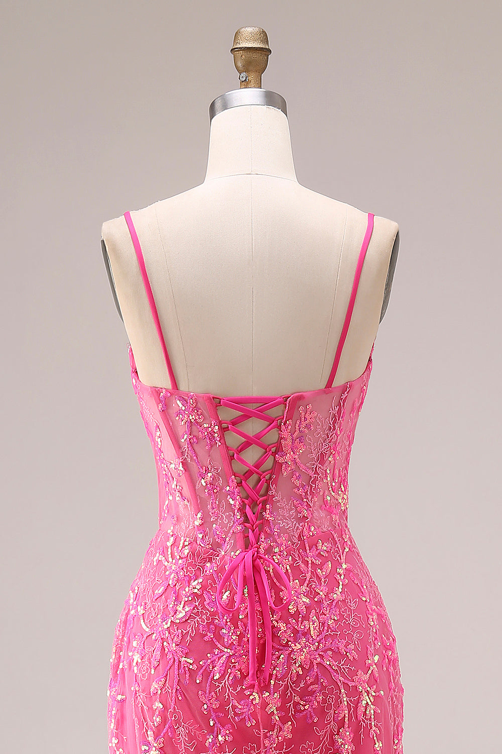 Sparkly Fuchsia Corset Lace Mermaid Spaghetti Straps Long Prom Dress with Ruffles