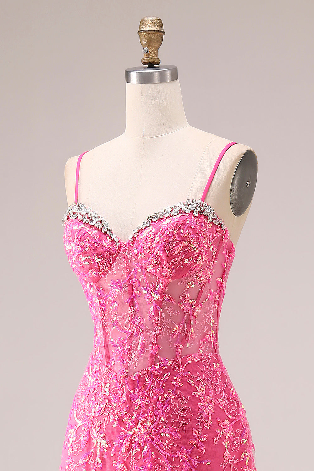 Sparkly Fuchsia Corset Lace Mermaid Spaghetti Straps Long Prom Dress with Ruffles