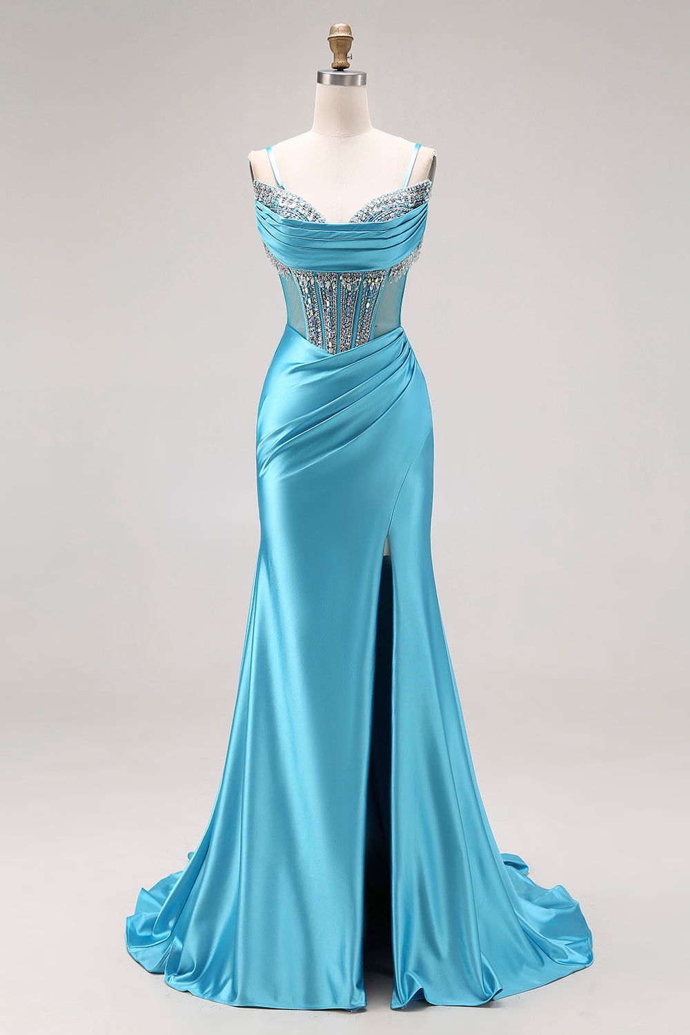 Sparkly Bright Pink Mermaid Ruched Long Corset Prom Dress with Slit