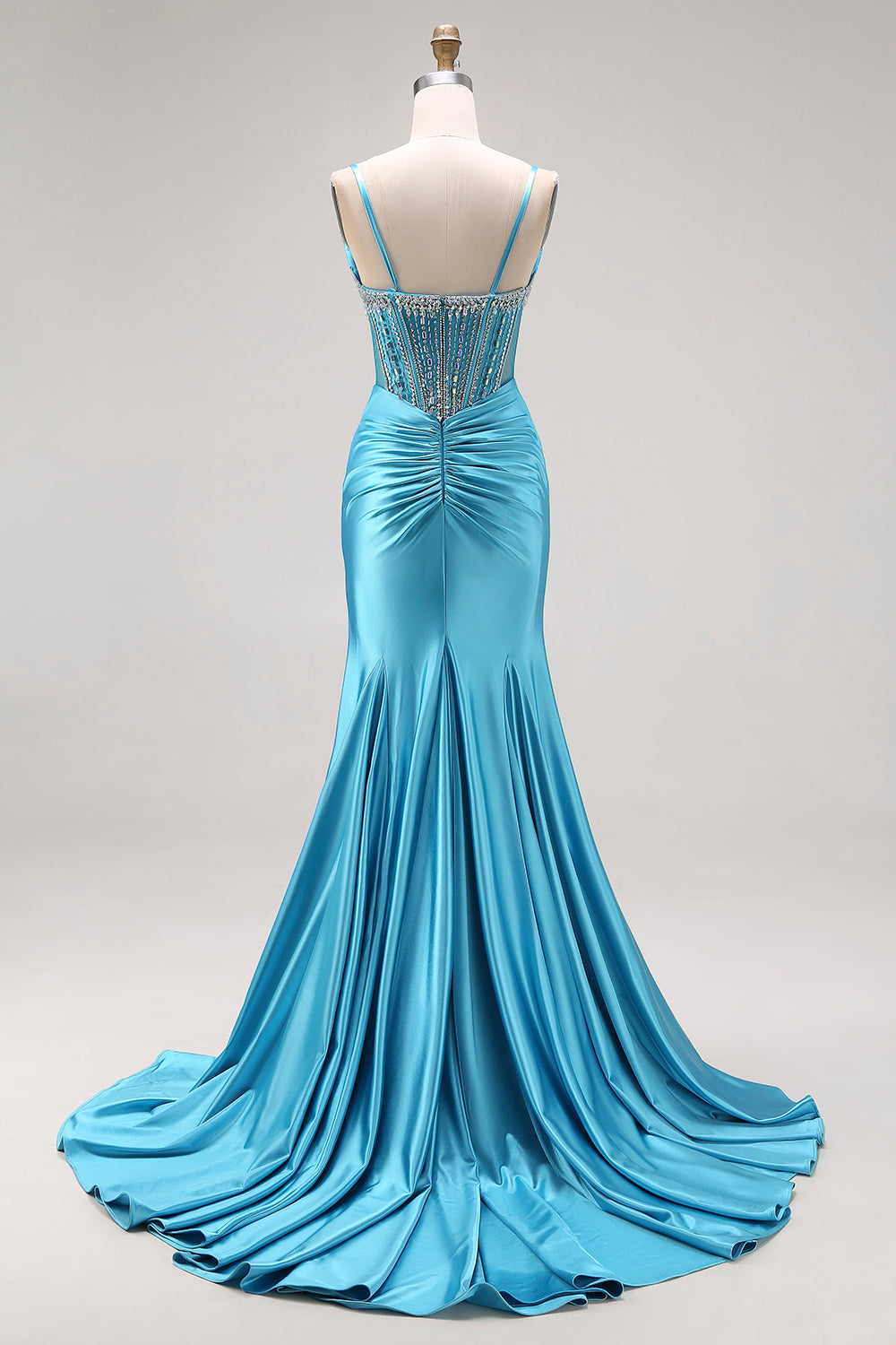 Sparkly Lake Blue Beaded Mermaid Long Corset Prom Dress with Slit