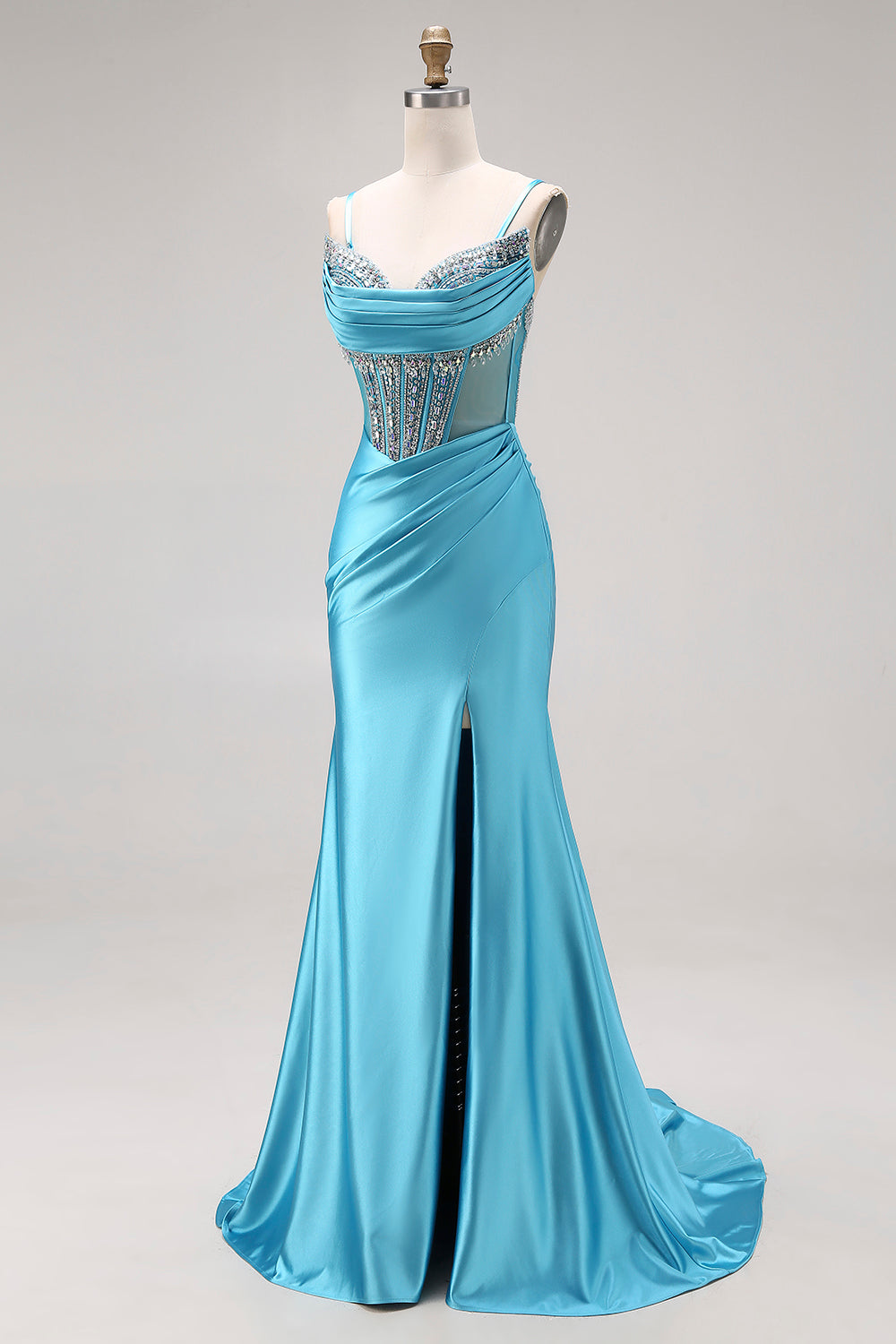 Sparkly Lake Blue Beaded Mermaid Long Corset Prom Dress with Slit