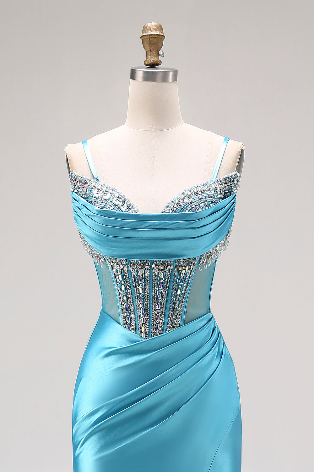 Sparkly Bright Pink Mermaid Ruched Long Corset Prom Dress with Slit