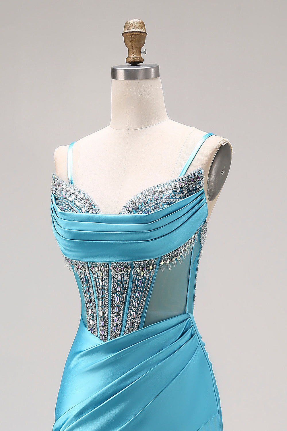 Sparkly Lake Blue Beaded Mermaid Long Corset Prom Dress with Slit