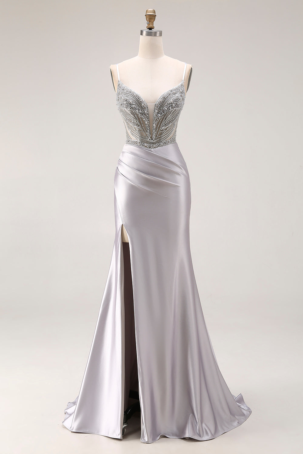 Sparkly Light Grey Spaghetti Straps Mermaid Long Prom Dress with Slit