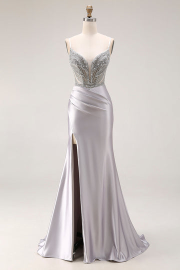 Sparkly Light Grey Spaghetti Straps Mermaid Long Prom Dress with Slit