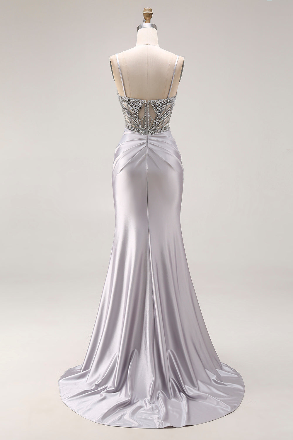 Sparkly Light Grey Spaghetti Straps Mermaid Long Prom Dress with Slit