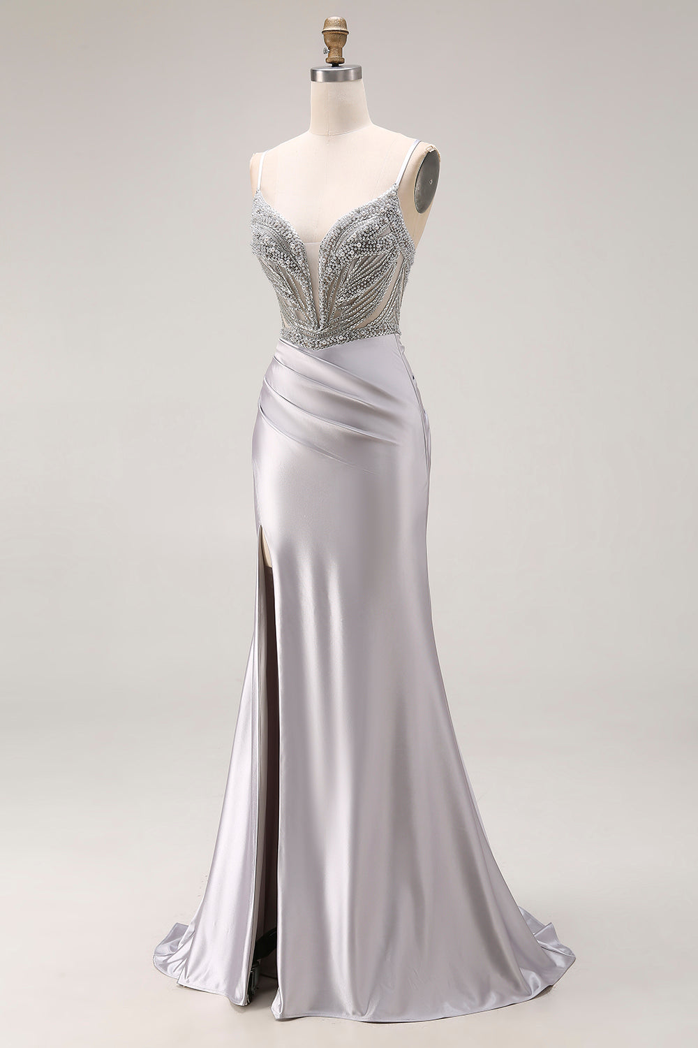 Sparkly Light Grey Spaghetti Straps Mermaid Long Prom Dress with Slit