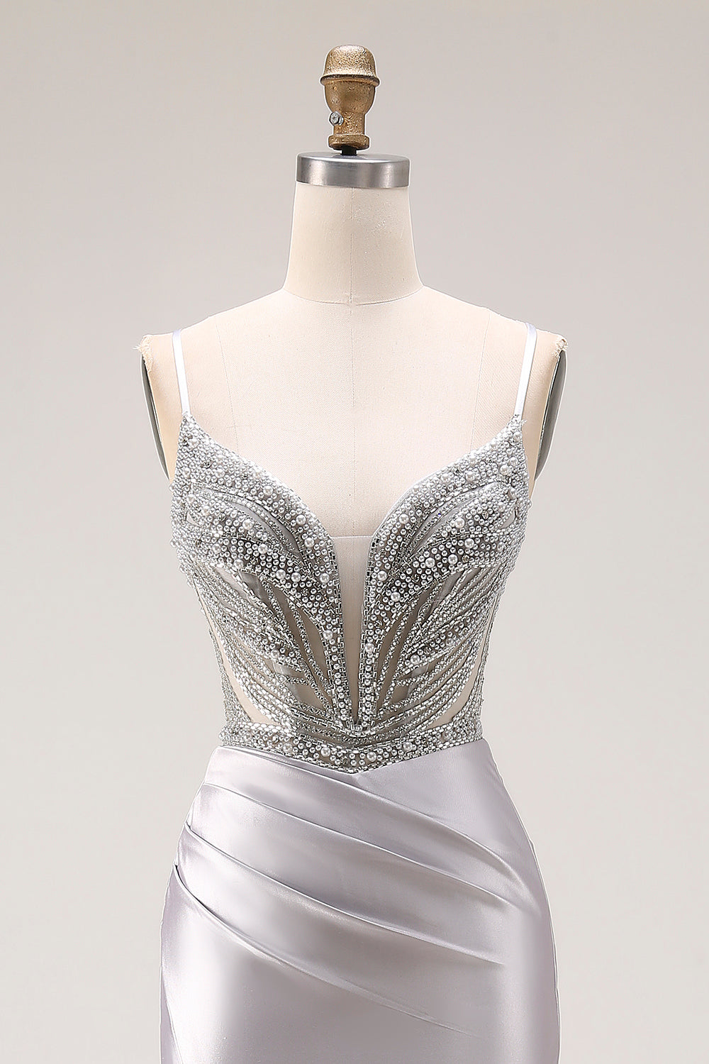 Sparkly Light Grey Spaghetti Straps Mermaid Long Prom Dress with Slit