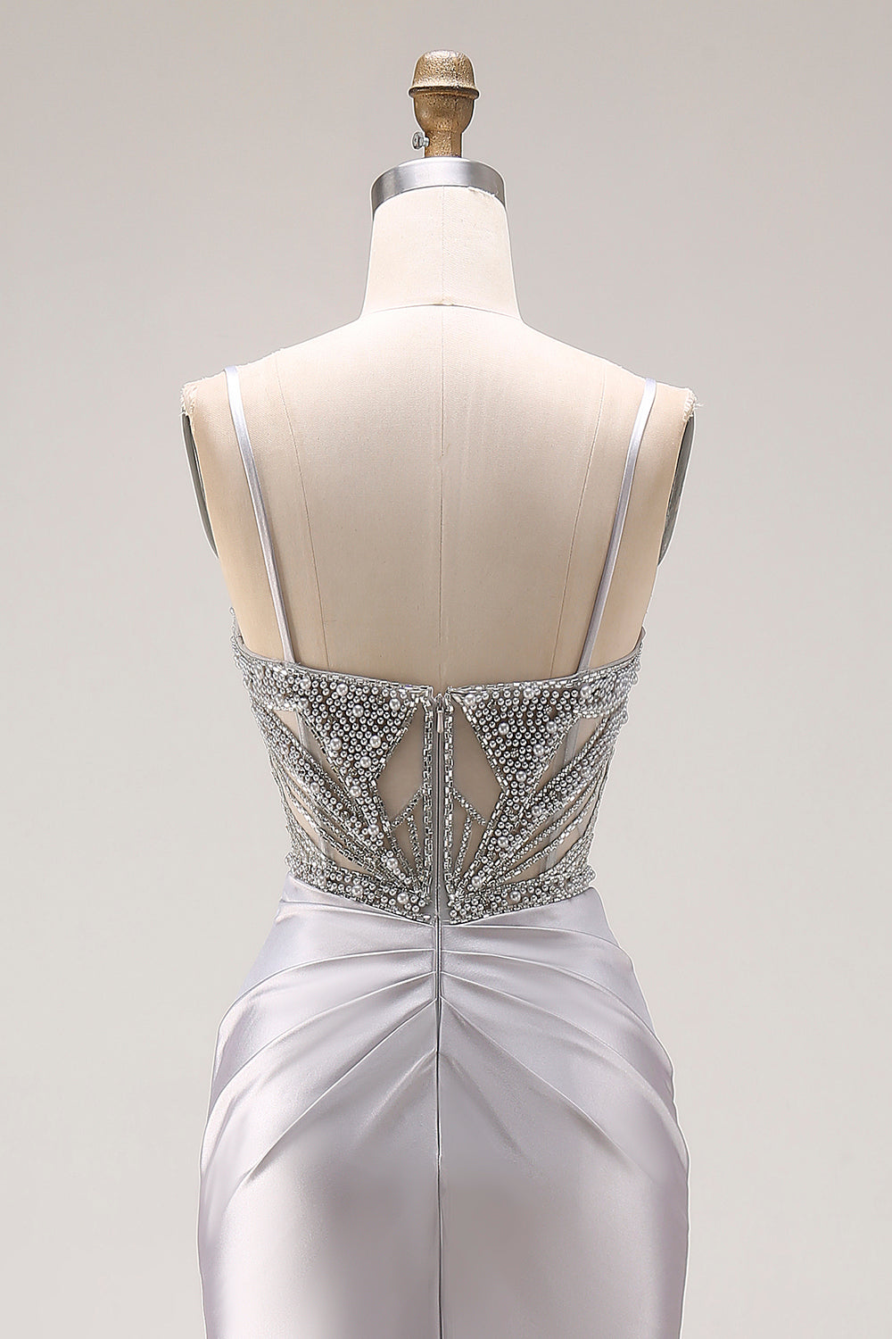 Sparkly Light Grey Spaghetti Straps Mermaid Long Prom Dress with Slit