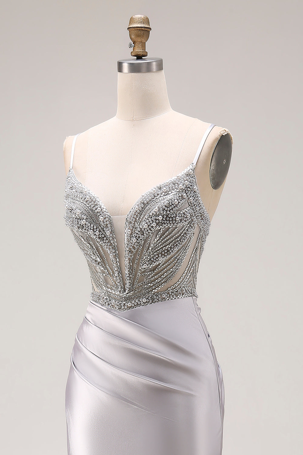Sparkly Light Grey Spaghetti Straps Mermaid Long Prom Dress with Slit