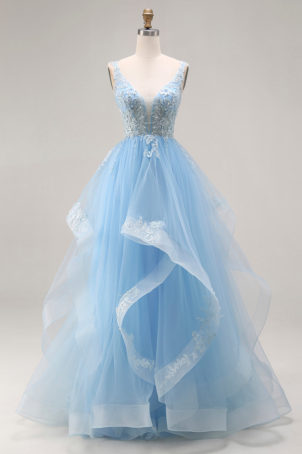 Sky Blue Floral Tulle A Line V-Neck Long Corset Prom Dress with Ruffles