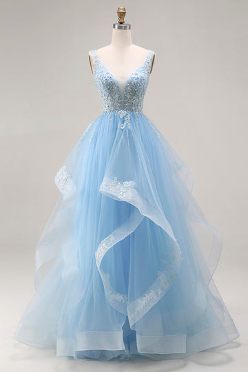 Sky Blue Floral Tulle A Line V-Neck Long Corset Prom Dress with Ruffles