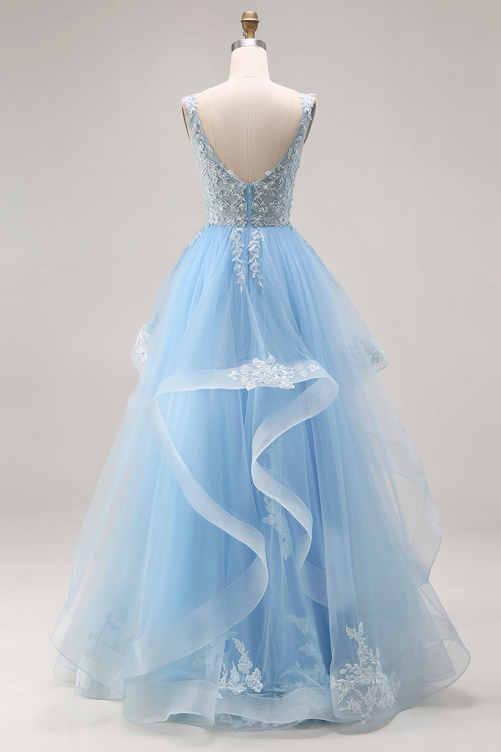 Sky Blue Floral Tulle A Line V-Neck Long Corset Prom Dress with Ruffles