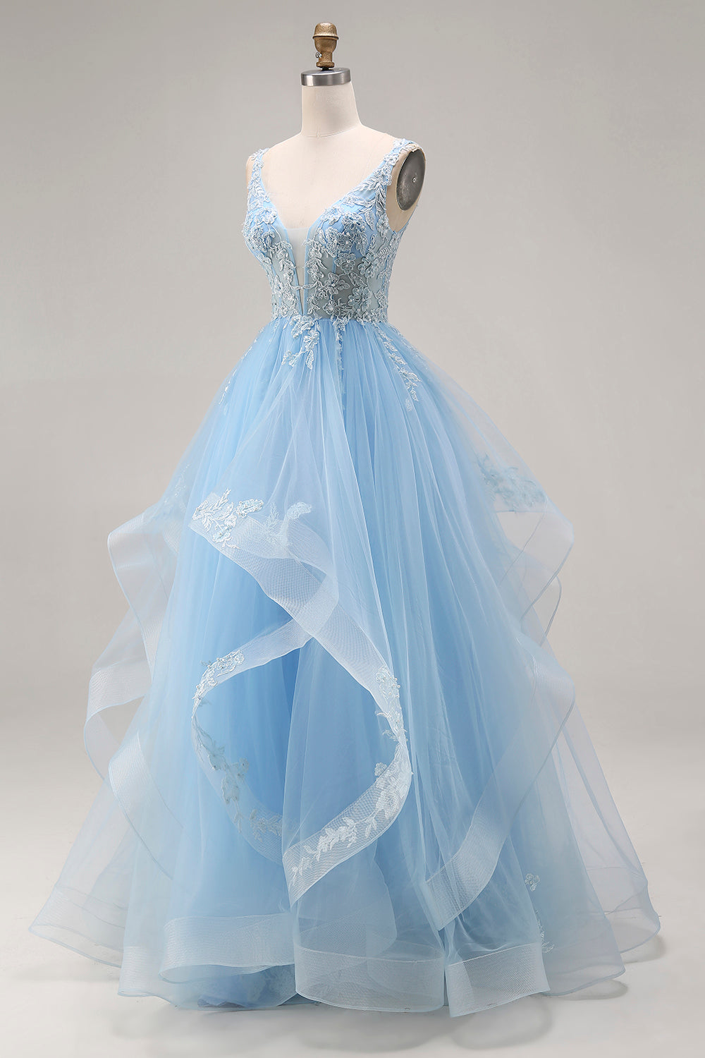 Sky Blue Floral Tulle A Line V-Neck Long Corset Prom Dress with Ruffles