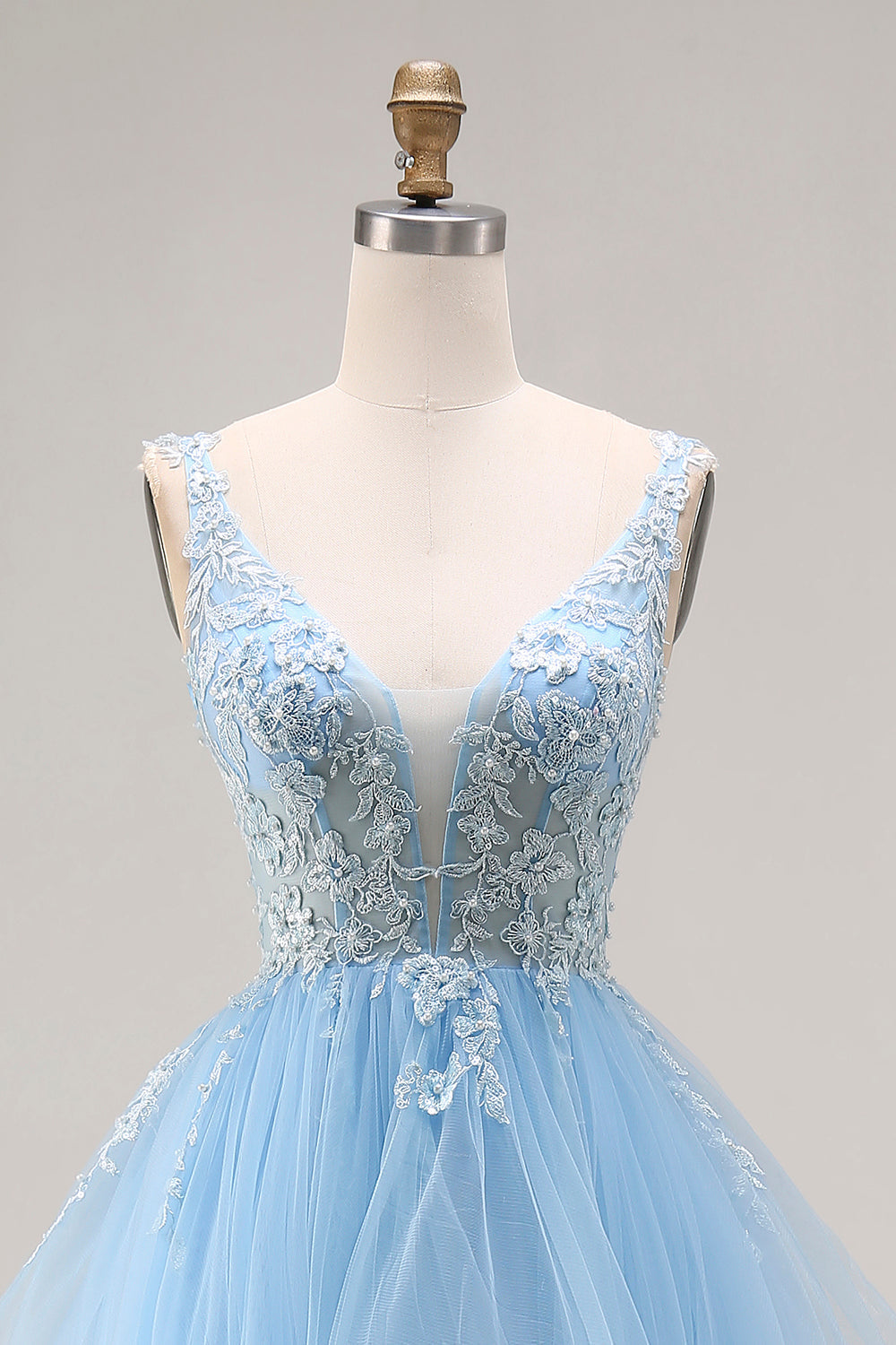 Sky Blue Floral Tulle A Line V-Neck Long Corset Prom Dress with Ruffles