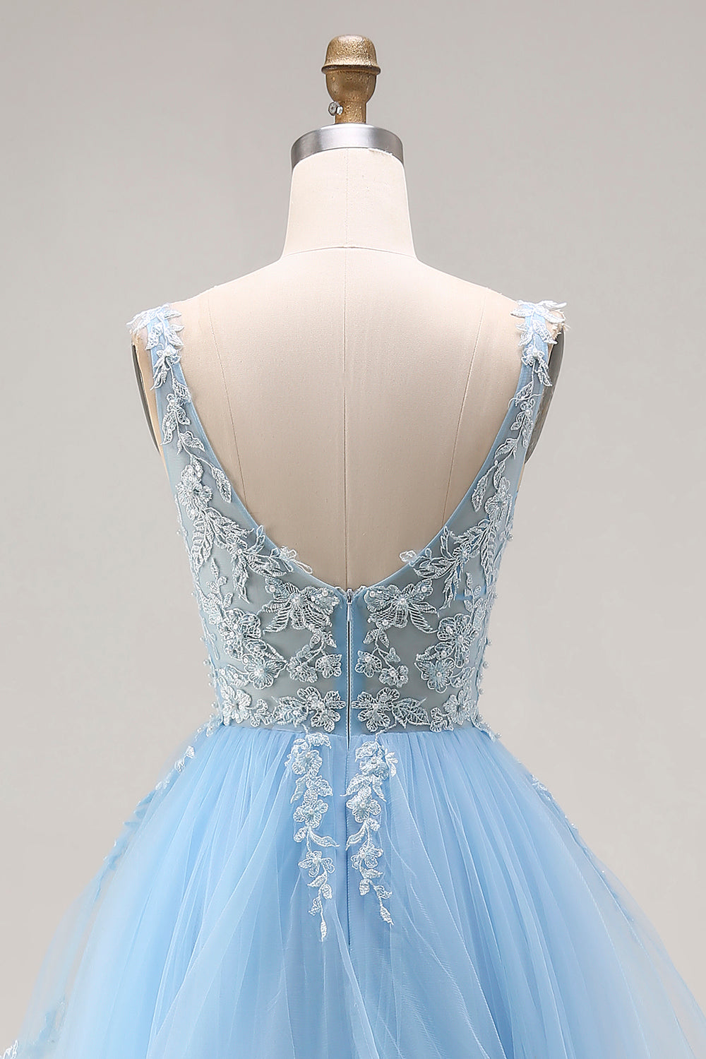 Sky Blue Floral Tulle A Line V-Neck Long Corset Prom Dress with Ruffles