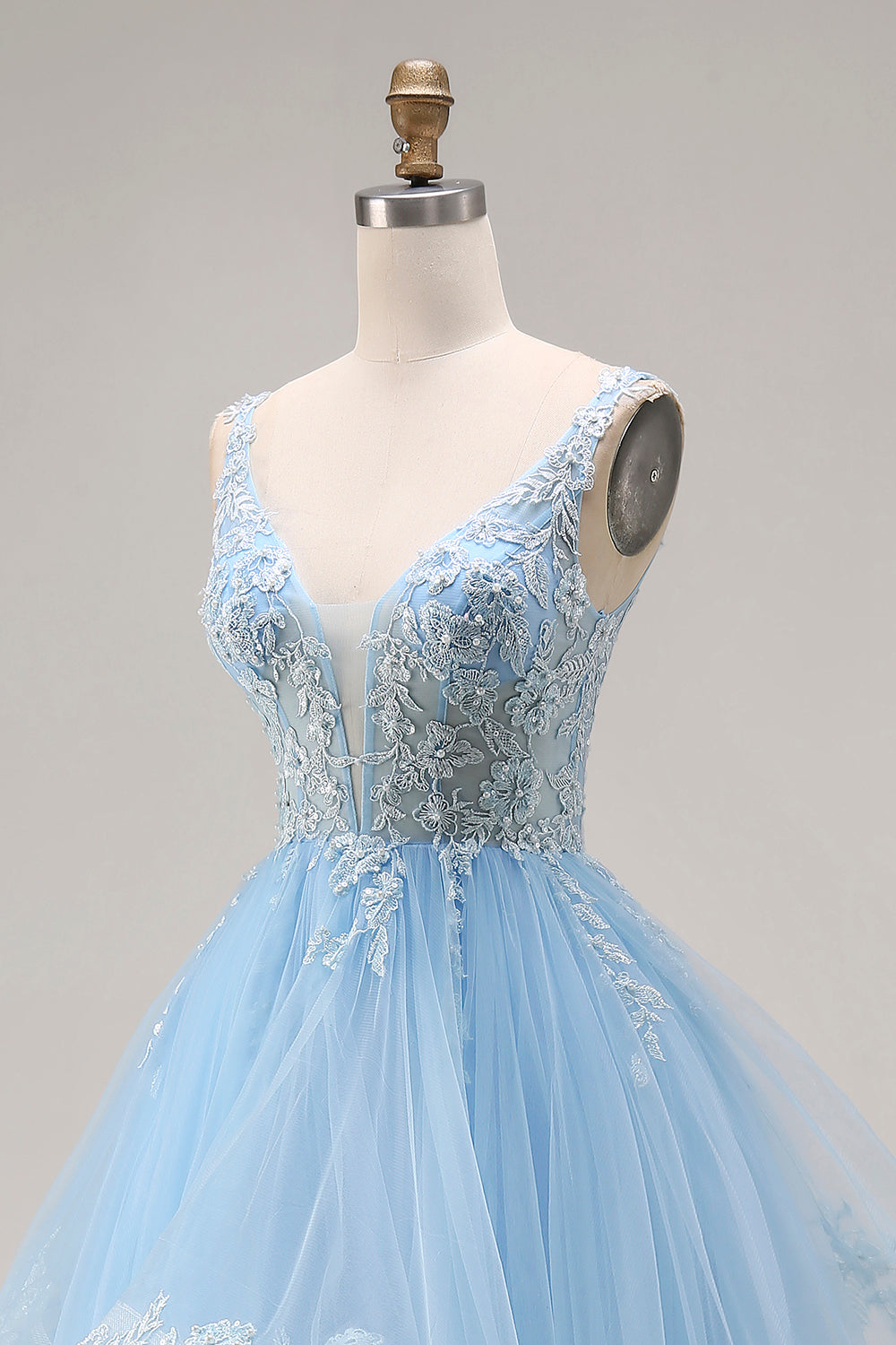 Sky Blue Floral Tulle A Line V-Neck Long Corset Prom Dress with Ruffles