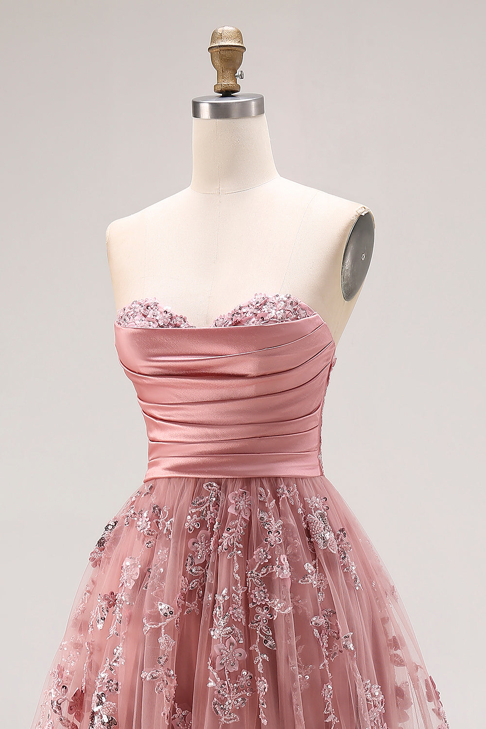 Sparkly Dusty Rose Floral A Line Sweetheart Long Prom Dress with Slit