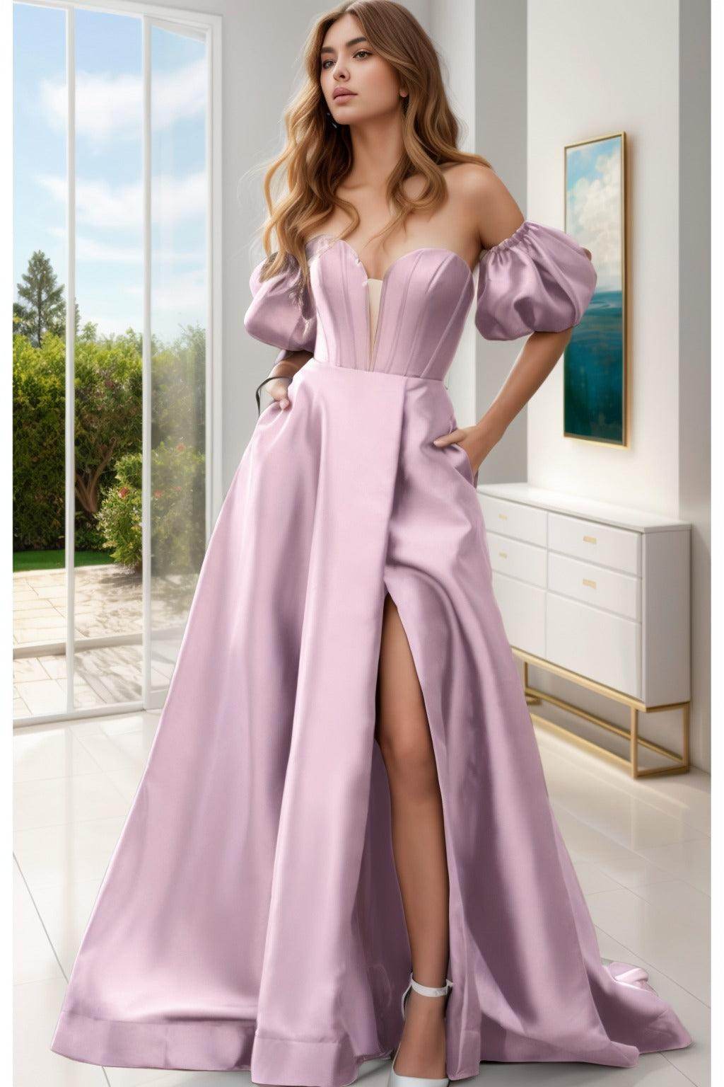 A-Line Sweep-Brush Train Satin Prom Dress CS0448