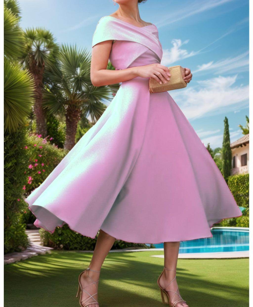 A-Line Tea Length Satin Prom Dress CS0455