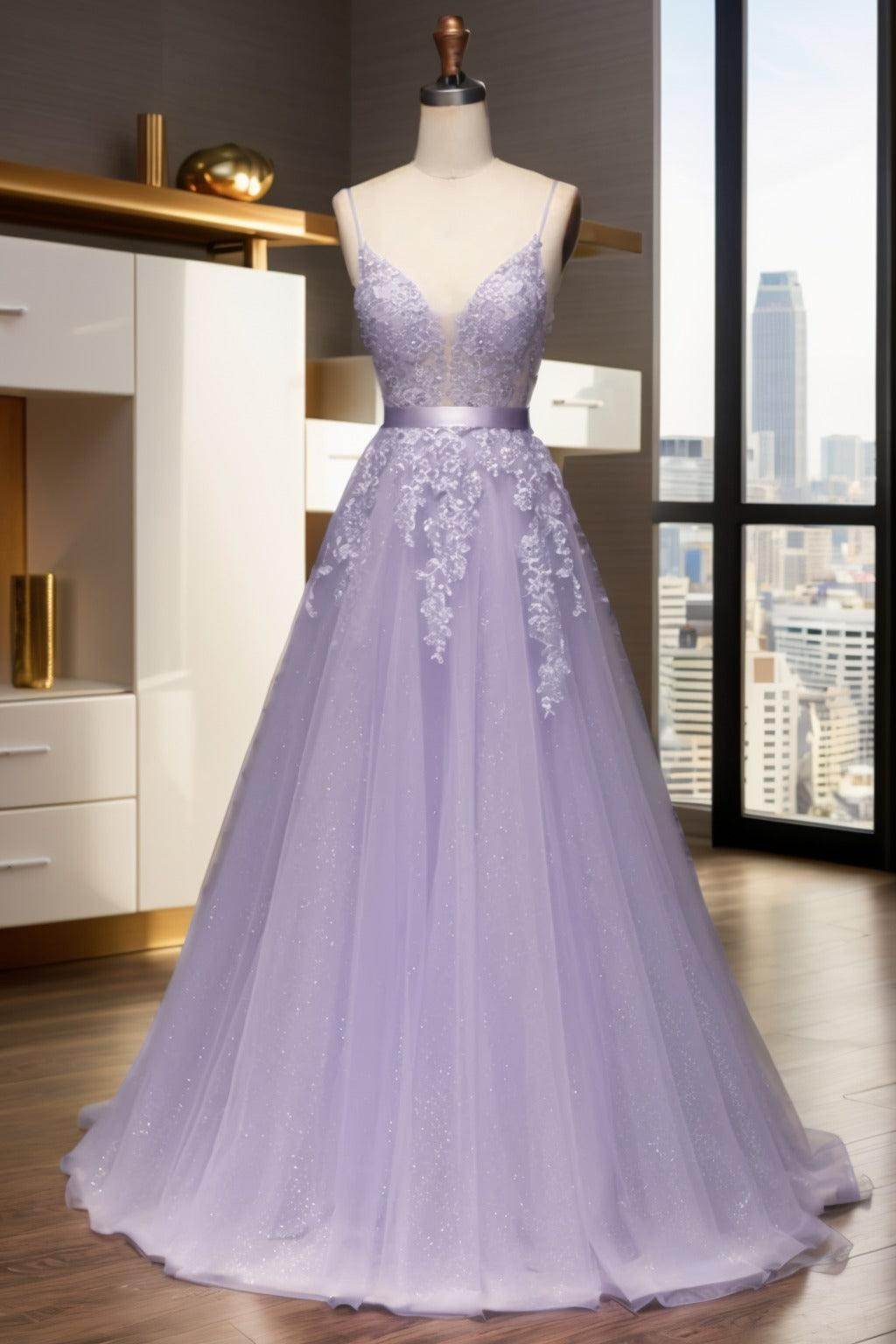 A-Line Sweep-Brush Train Tulle Prom Dress CS0464