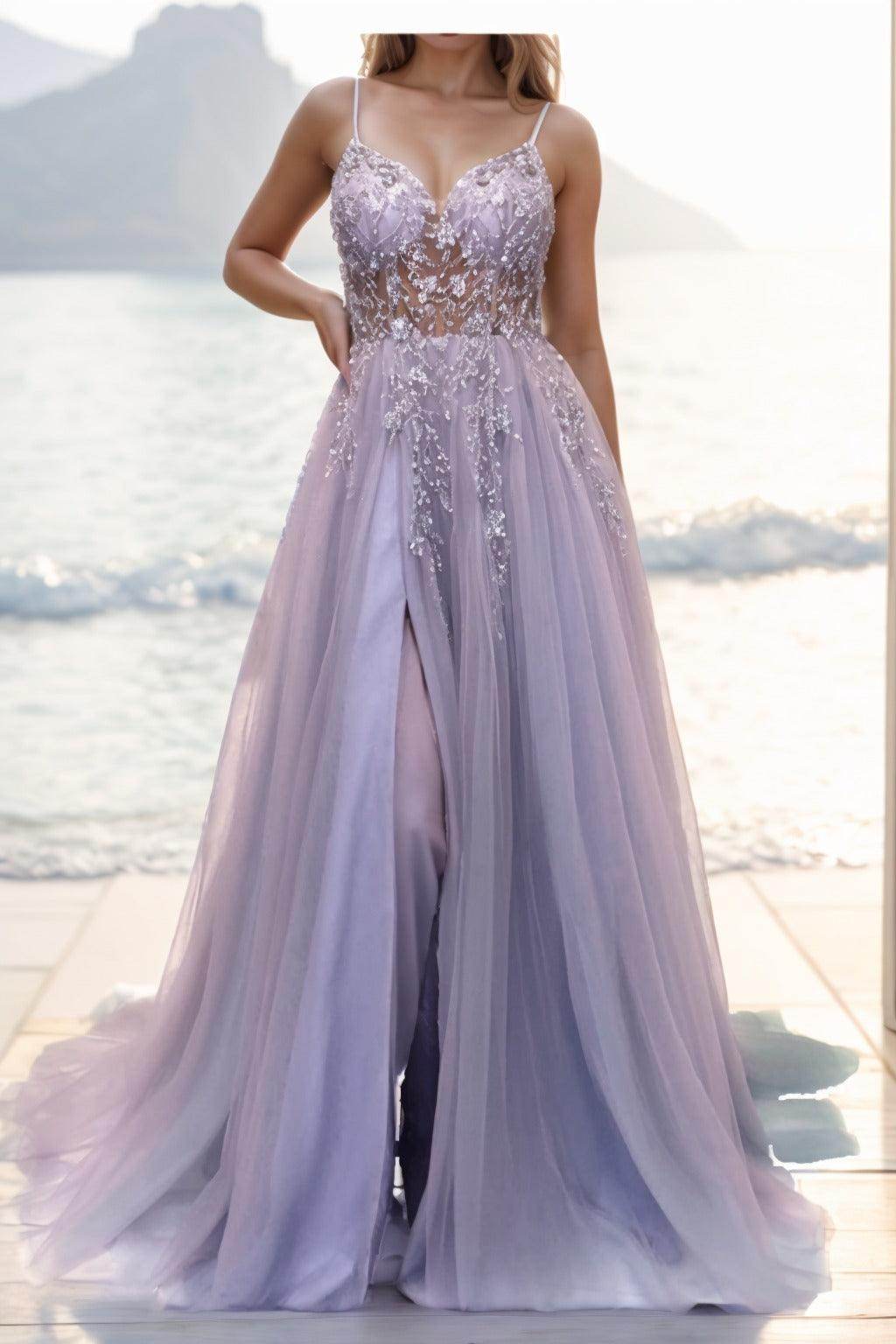 A-line Sweep-Brush Train Tulle Prom Dress CS0402